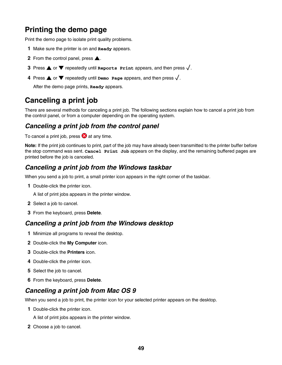 Lexmark X502N, X500n manual Printing the demo, Canceling a print job 