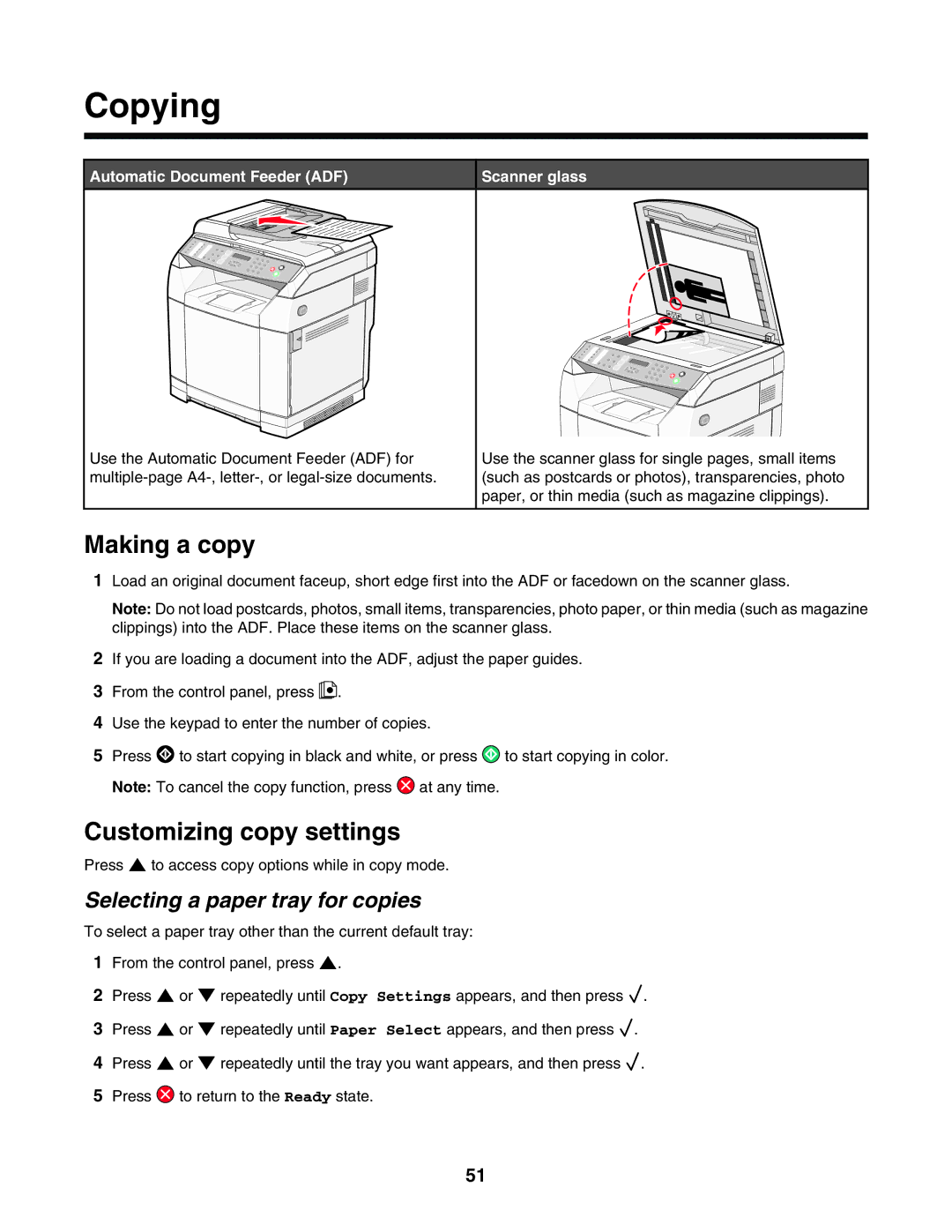 Lexmark X502N, X500n manual Copying, Making a copy, Customizing copy settings, Selecting a paper tray for copies 