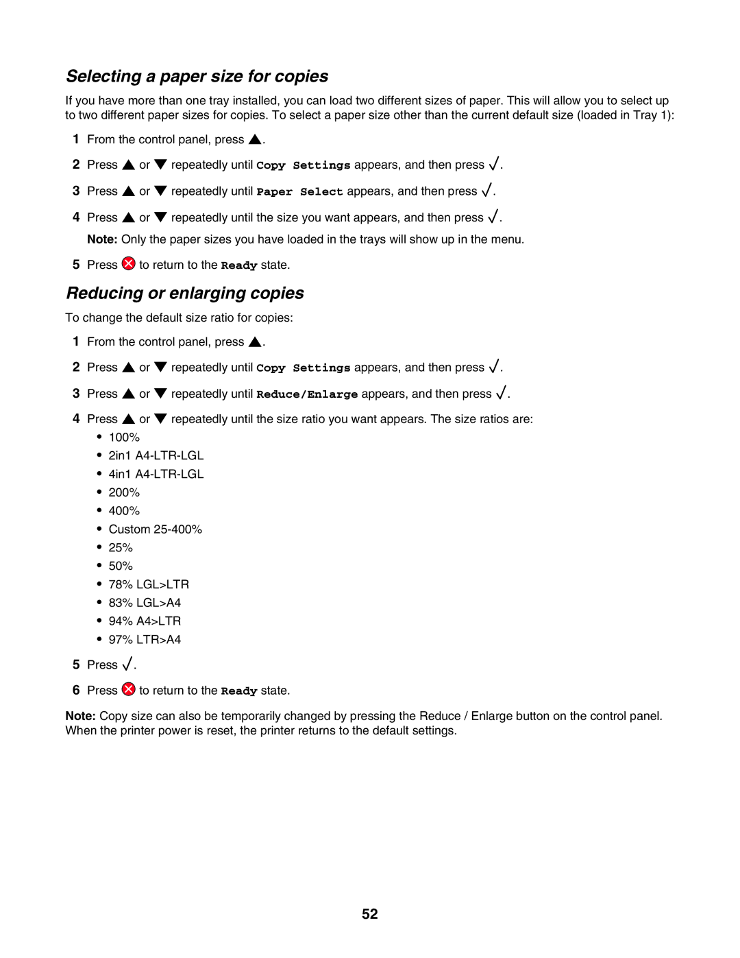 Lexmark X500n, X502N manual Selecting a paper size for copies, Reducing or enlarging copies 