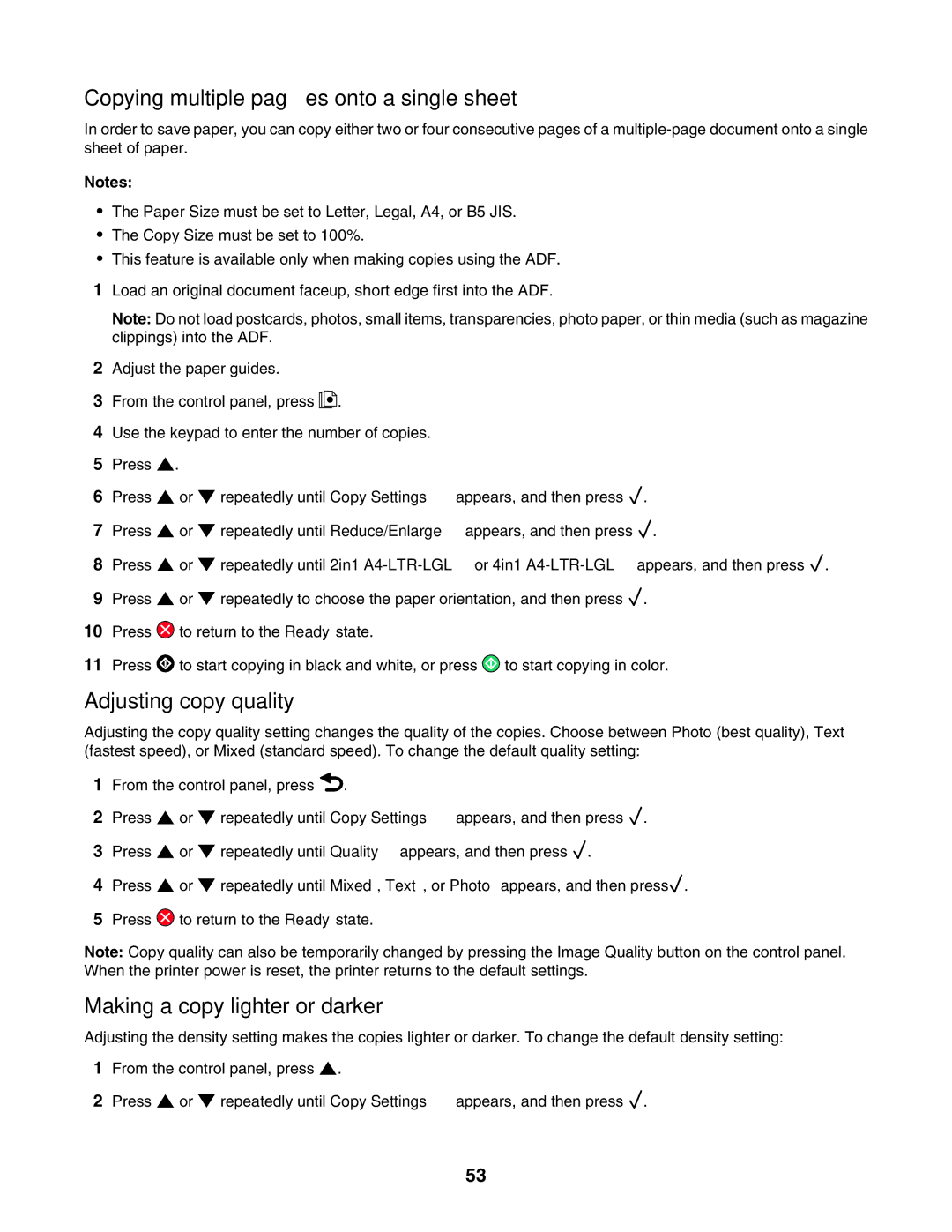 Lexmark X502N, X500n Copying multiple pages onto a single sheet, Adjusting copy quality, Making a copy lighter or darker 