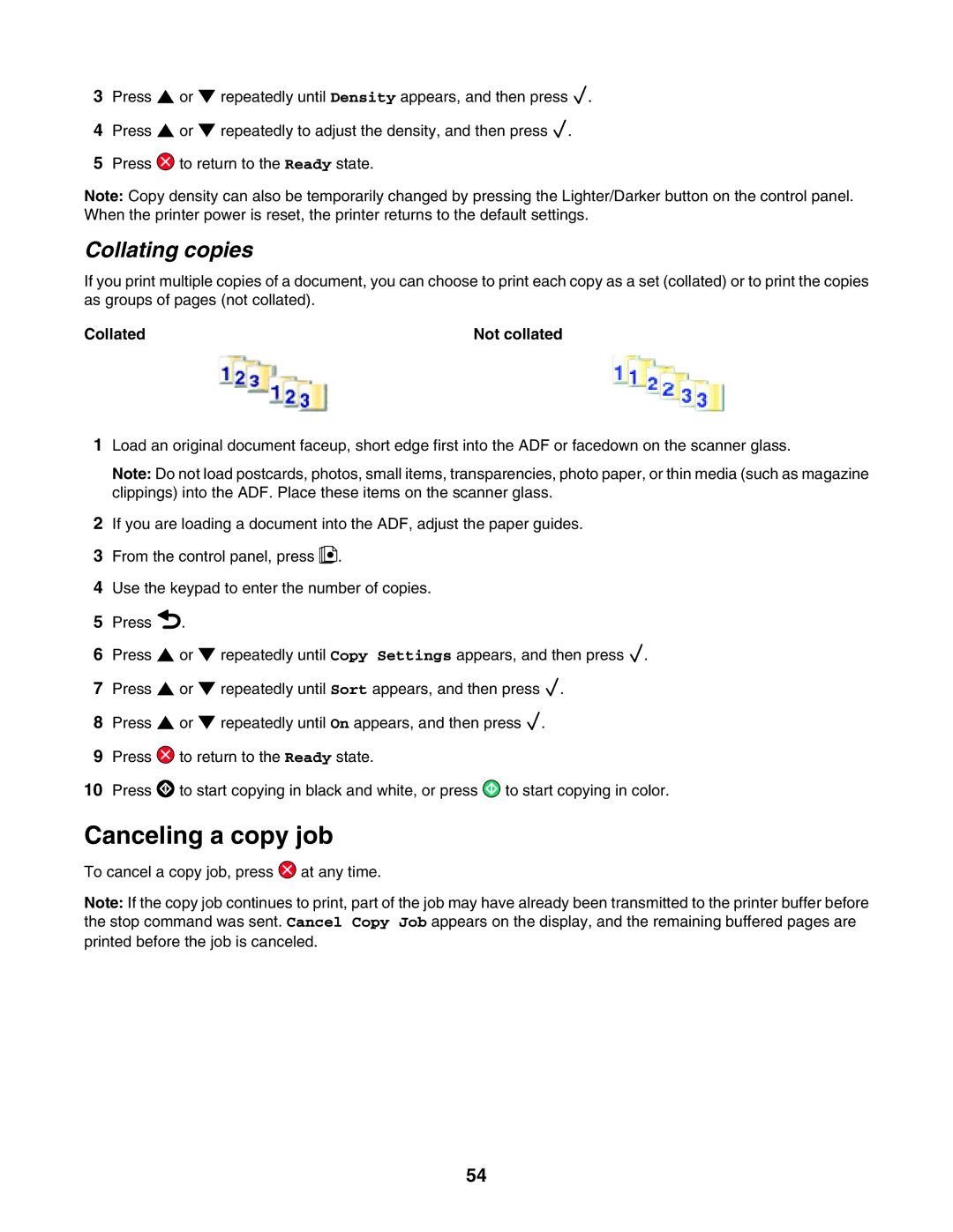 Lexmark X500n, X502N manual Canceling a copy job, Collating copies, Collated Not collated 