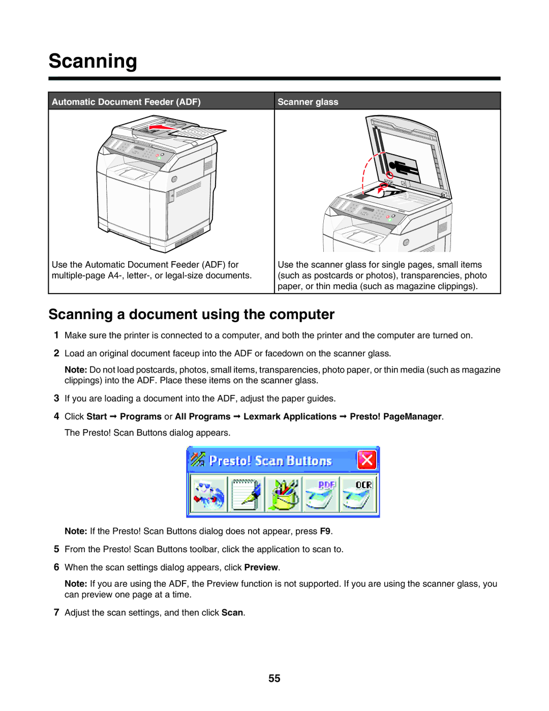 Lexmark X502N, X500n manual Scanning a document using the computer 