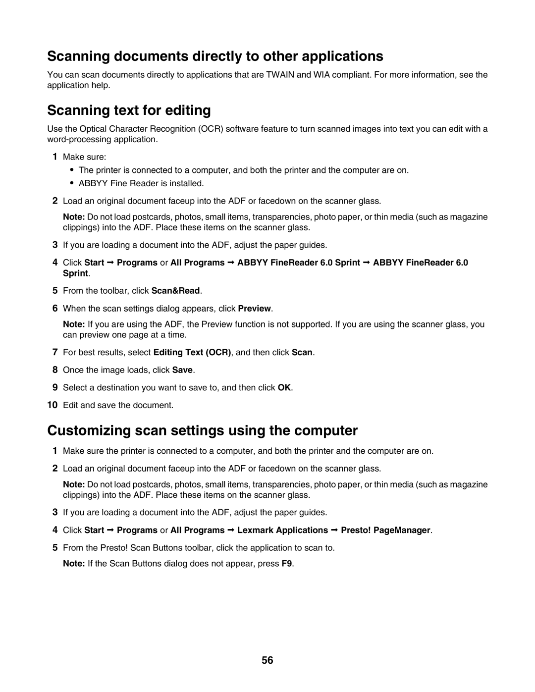 Lexmark X500n, X502N manual Scanning documents directly to other applications, Scanning text for editing 