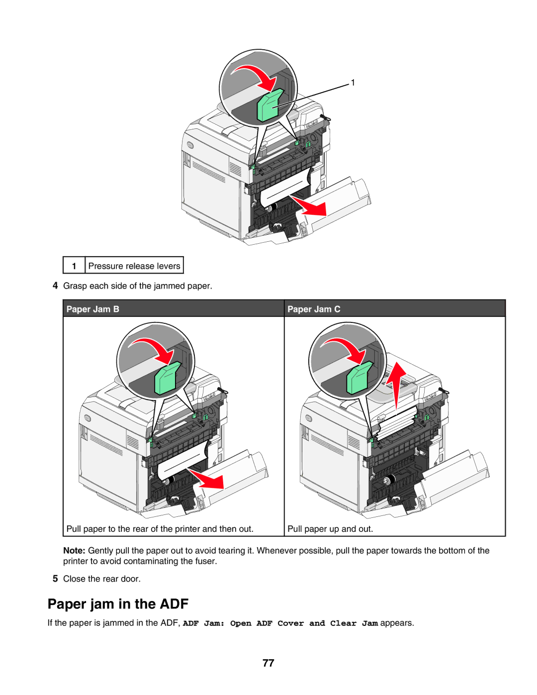 Lexmark X502N, X500n manual Paper jam in the ADF, Paper Jam B Paper Jam C 