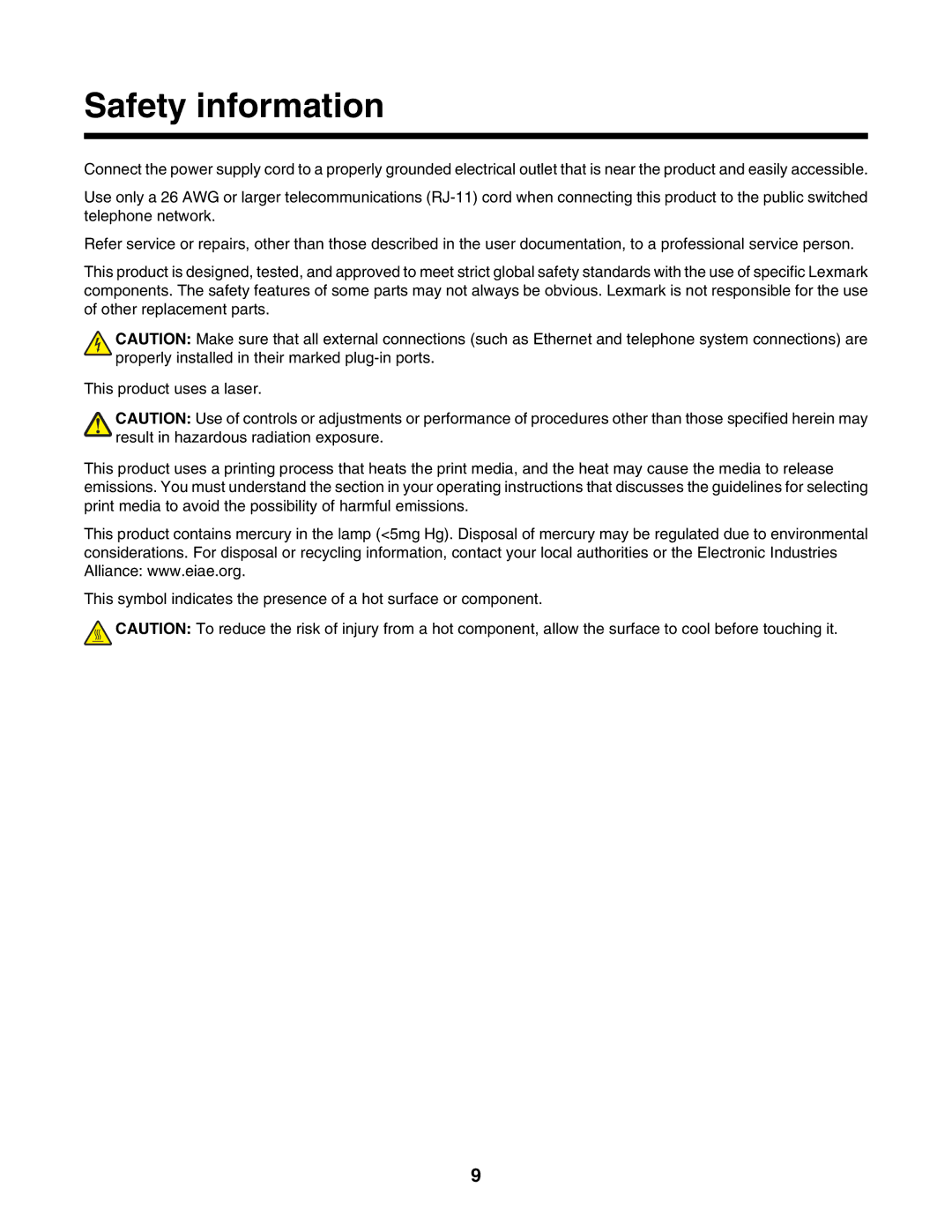 Lexmark X502N, X500n manual Safety information 