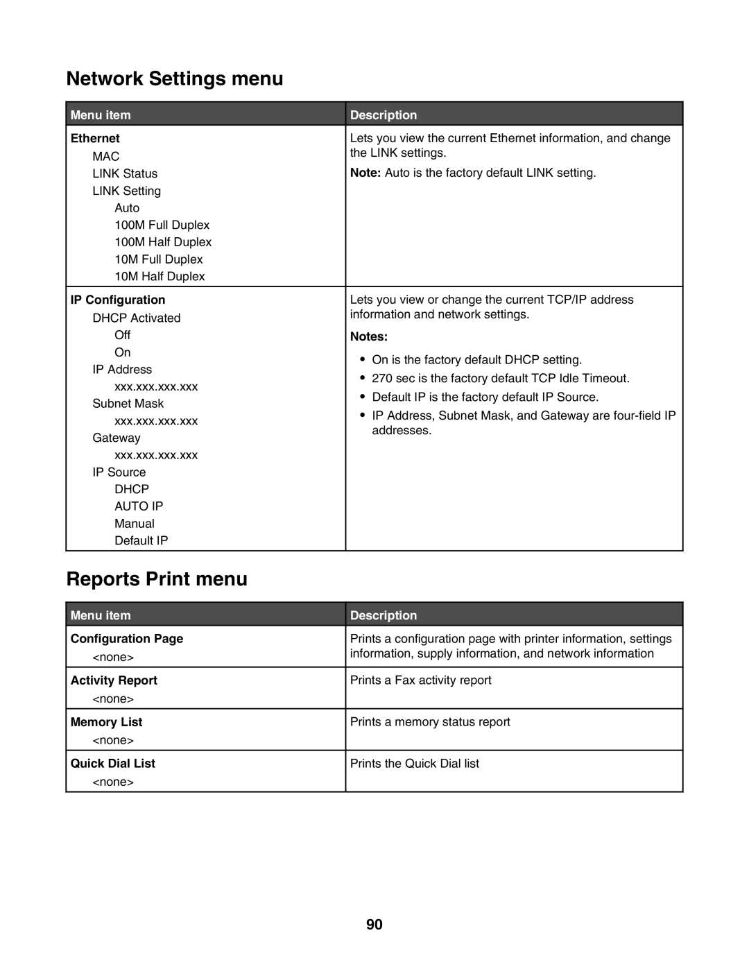 Lexmark X500n, X502N manual Network Settings menu, Reports Print menu 