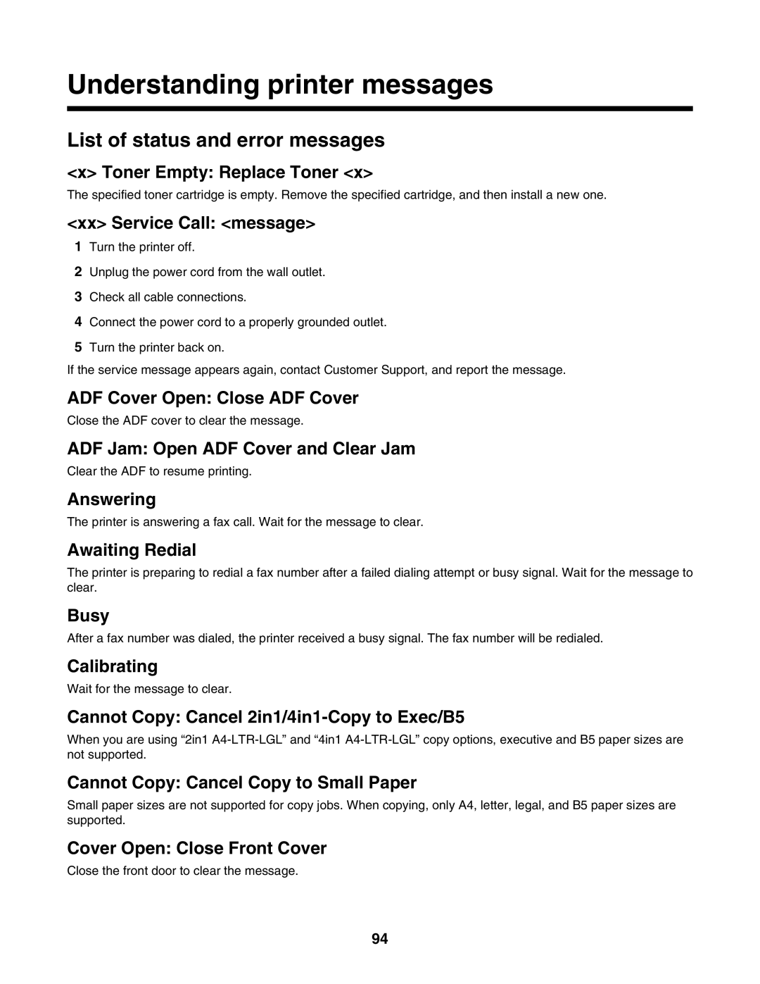 Lexmark X500n, X502N manual Understanding printer messages, List of status and error messages 