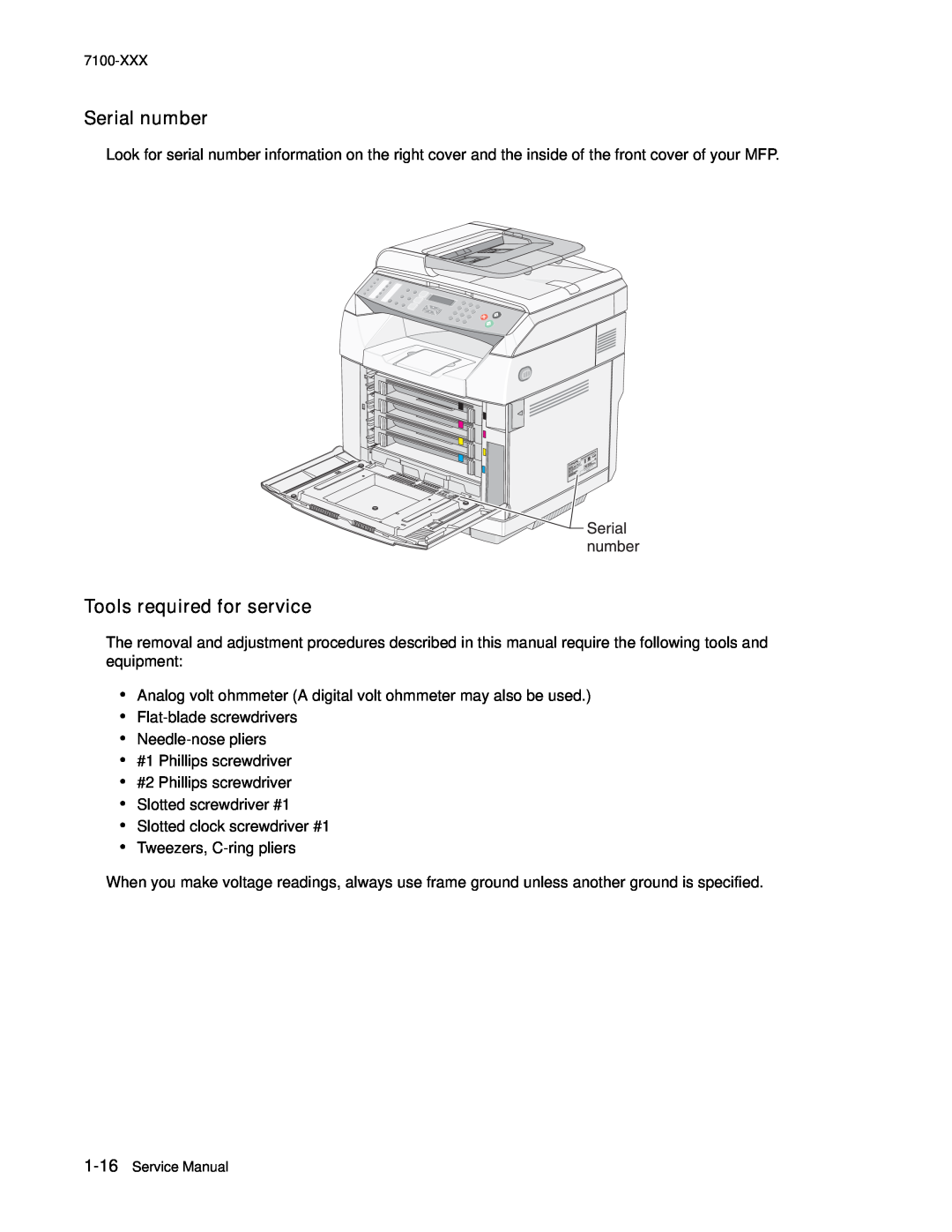 Lexmark X500n manual Serial number, Tools required for service 