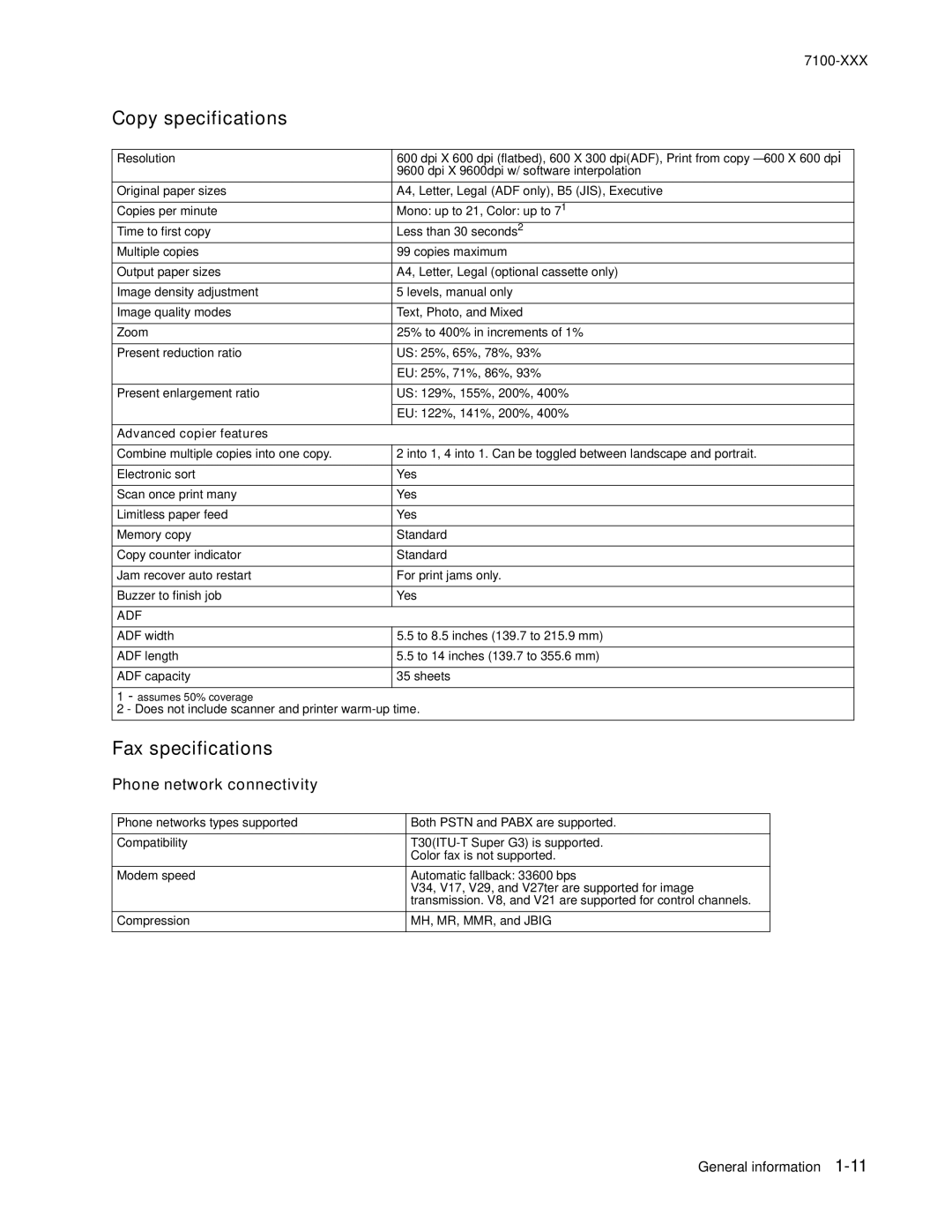 Lexmark X500n manual Copy specifications, Fax specifications, Phone network connectivity, Advanced copier features 