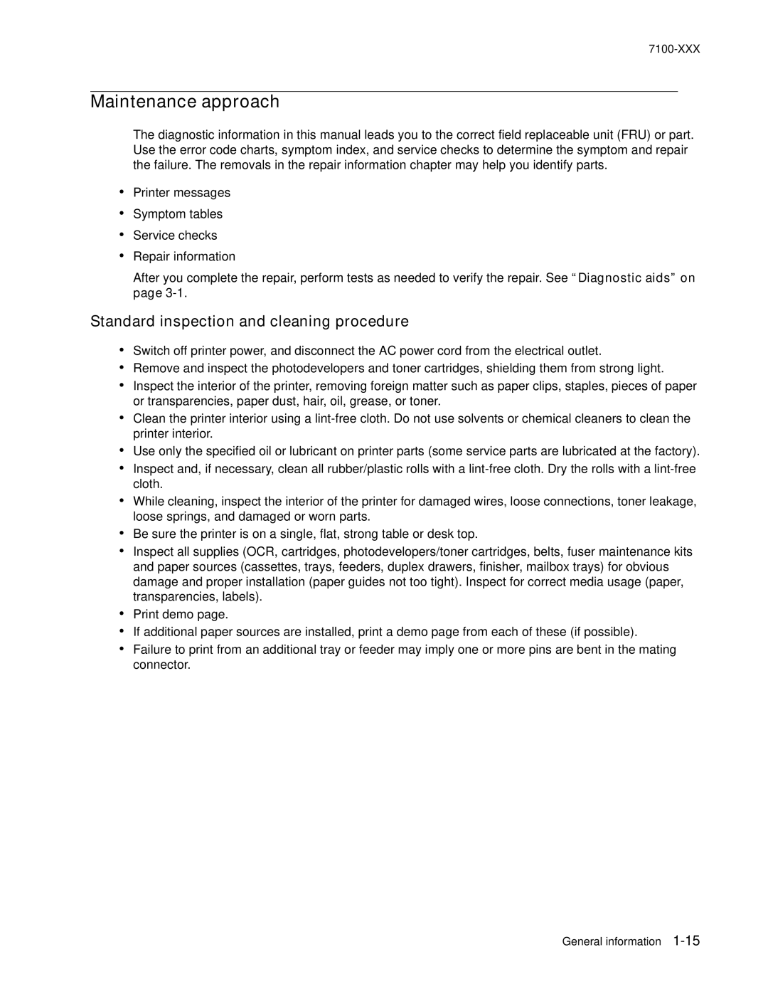 Lexmark X500n manual Maintenance approach, Standard inspection and cleaning procedure 