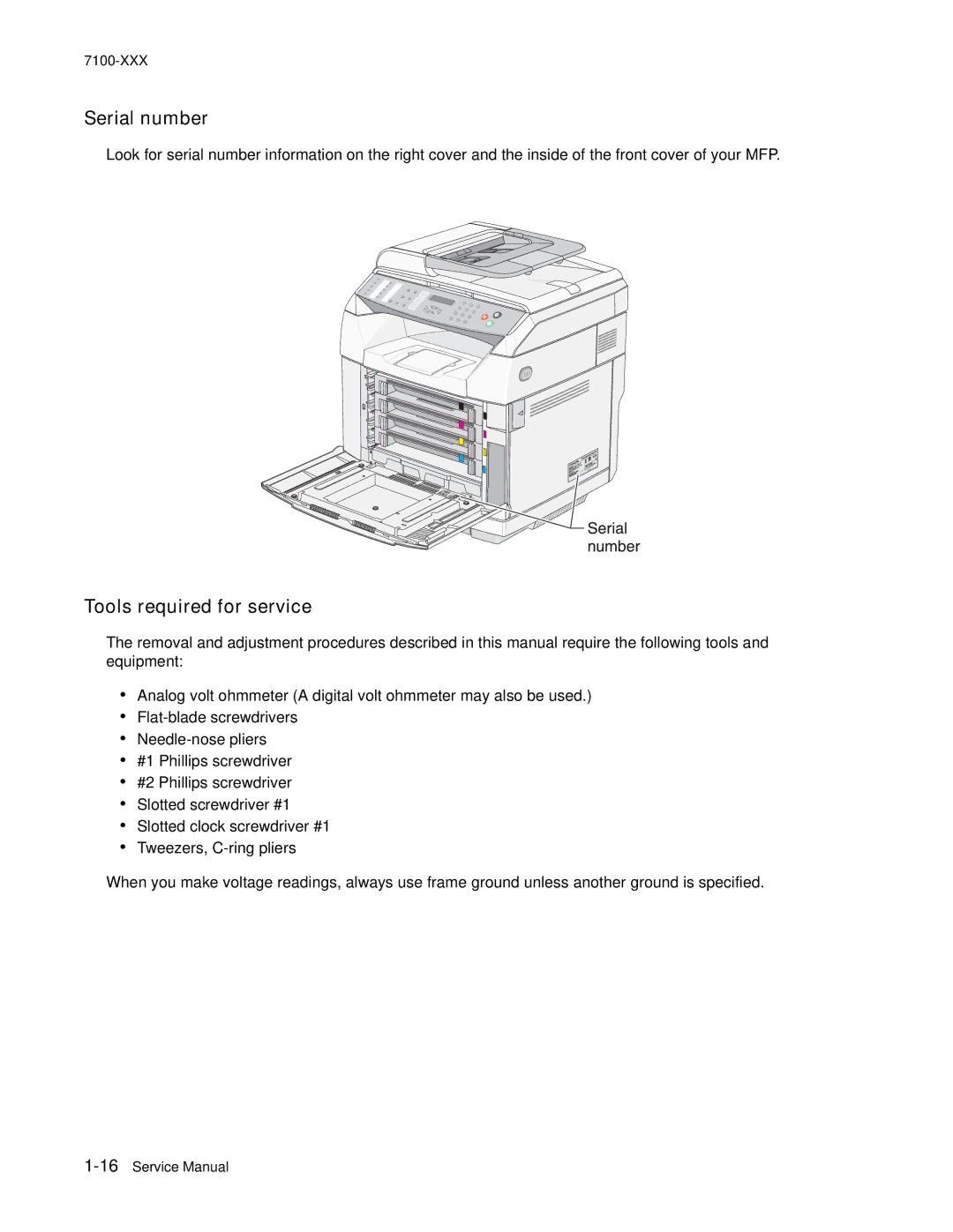 Lexmark X500n manual Serial number, Tools required for service 