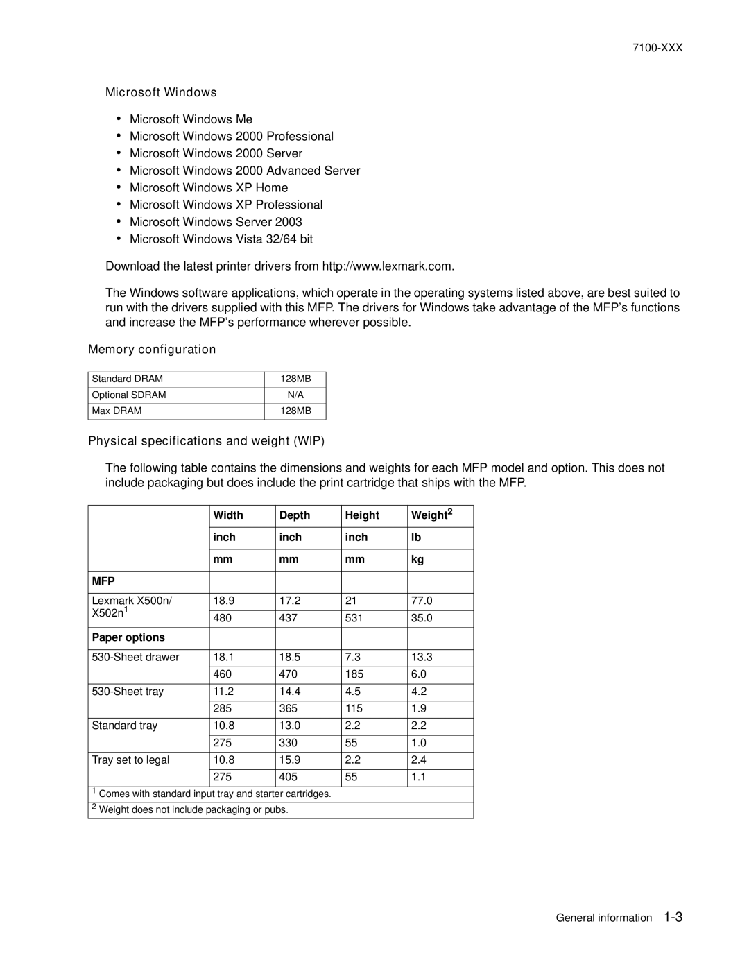 Lexmark X500n manual Microsoft Windows, Memory configuration, Physical specifications and weight WIP, Paper options 