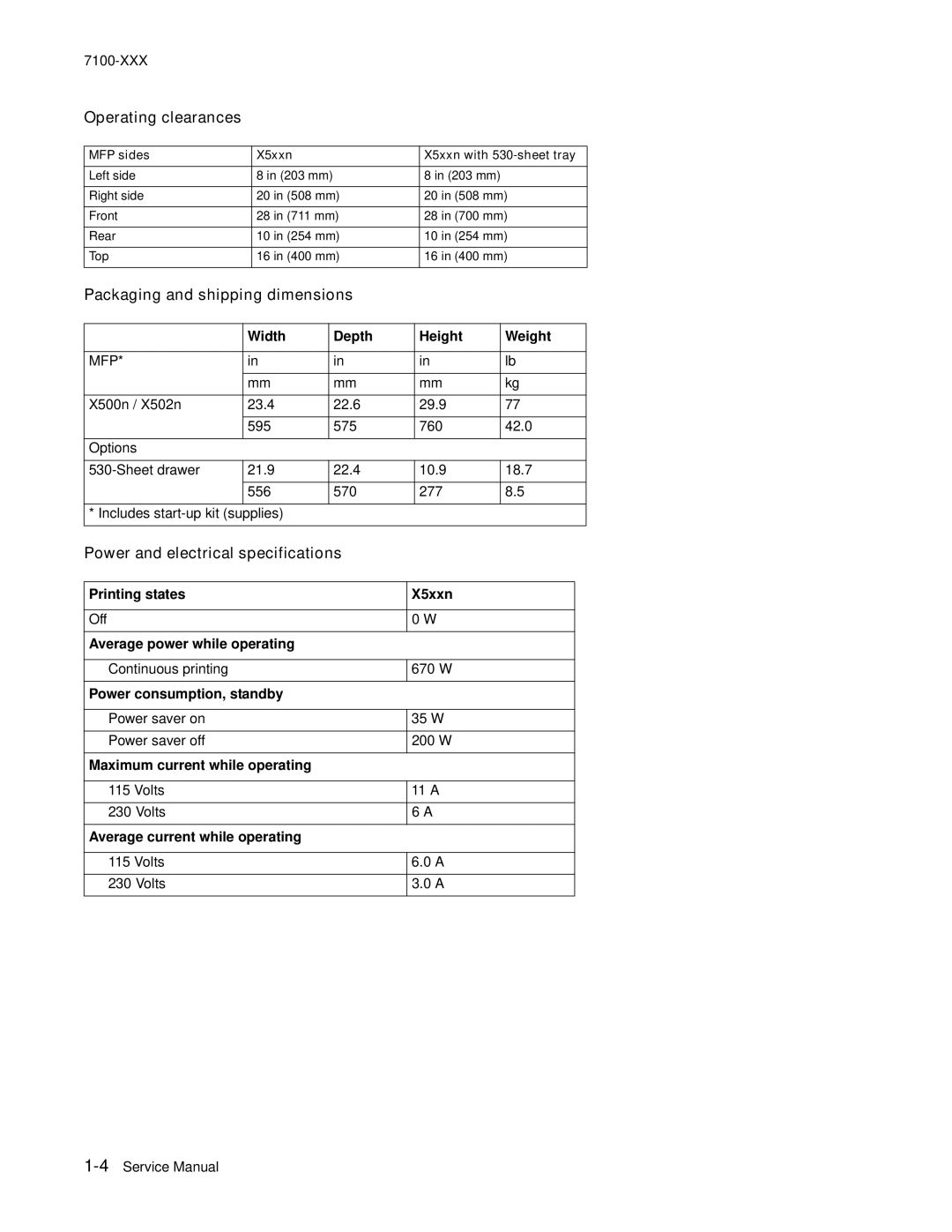 Lexmark X500n manual Operating clearances, Packaging and shipping dimensions, Power and electrical specifications 