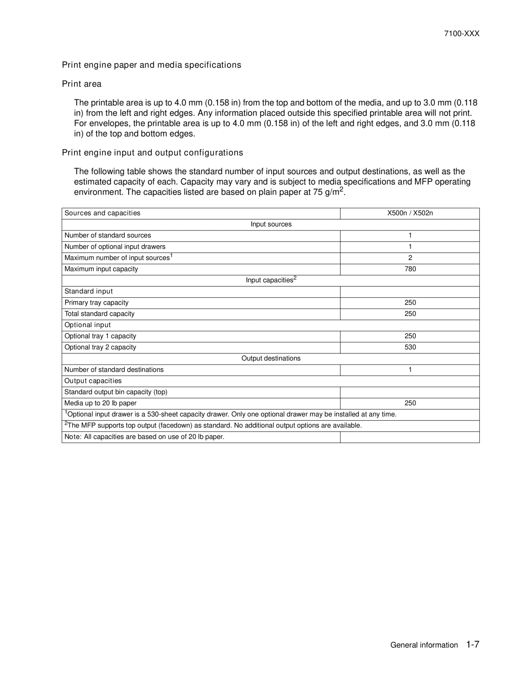 Lexmark X500n manual Print engine paper and media specifications Print area, Print engine input and output configurations 