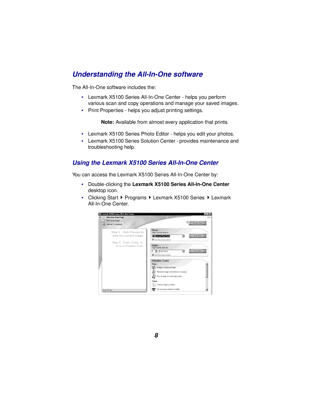 Lexmark x5100 manual Understanding the All-In-One software, Using the Lexmark X5100 Series All-In-One Center 