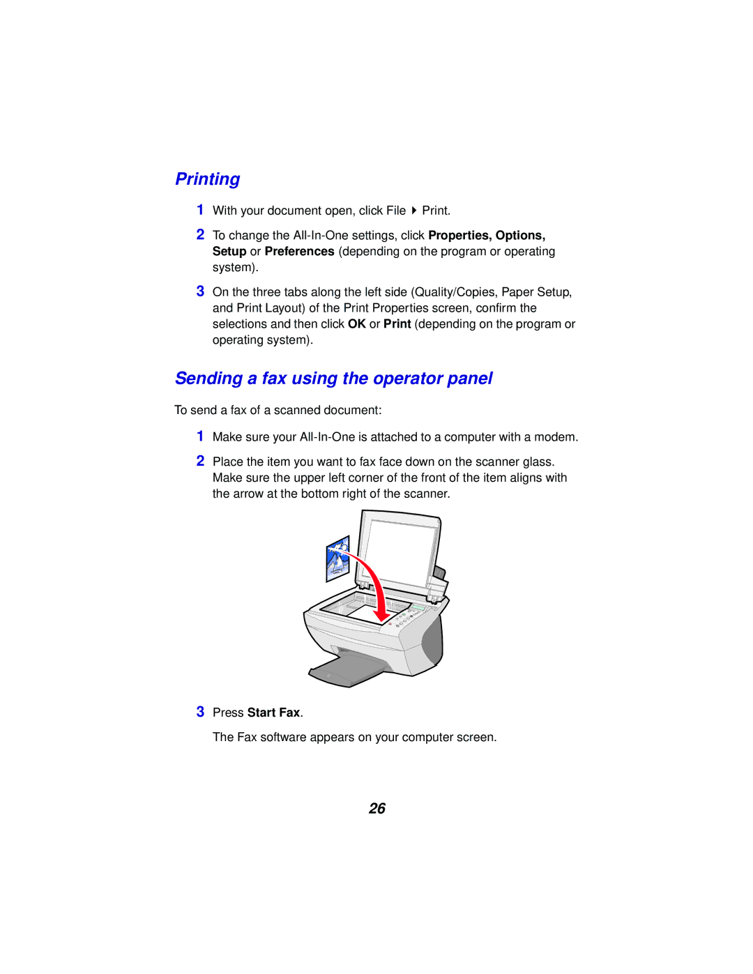 Lexmark x5100 manual Printing, Sending a fax using the operator panel 