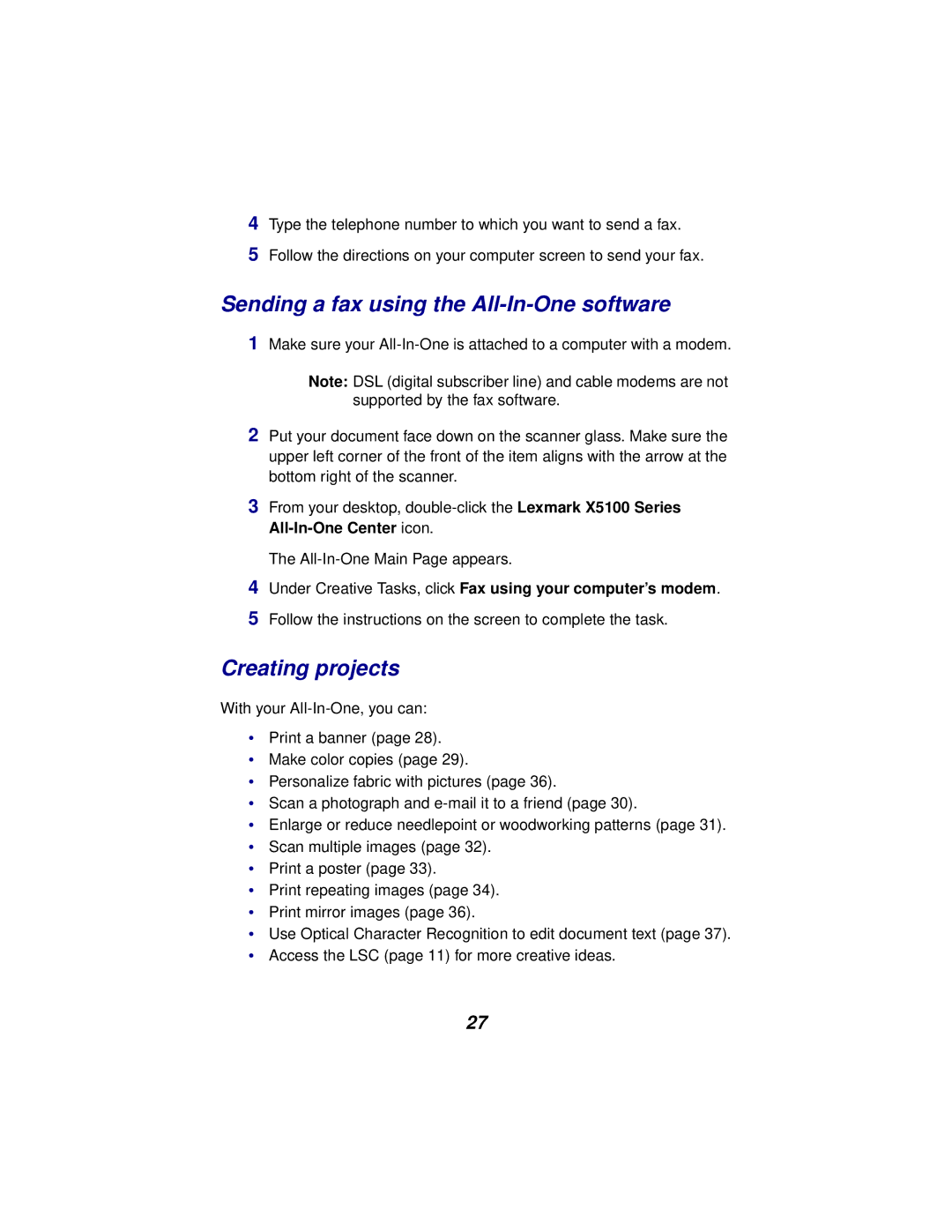 Lexmark x5100 manual Sending a fax using the All-In-One software, Creating projects 