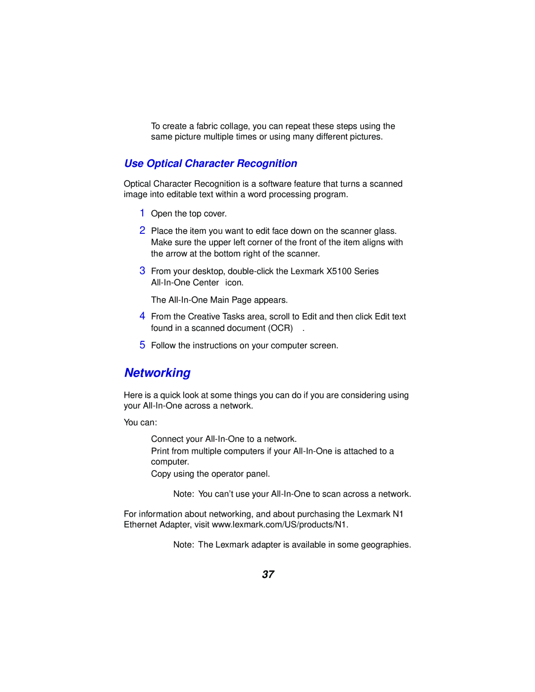 Lexmark x5100 manual Networking, Use Optical Character Recognition 