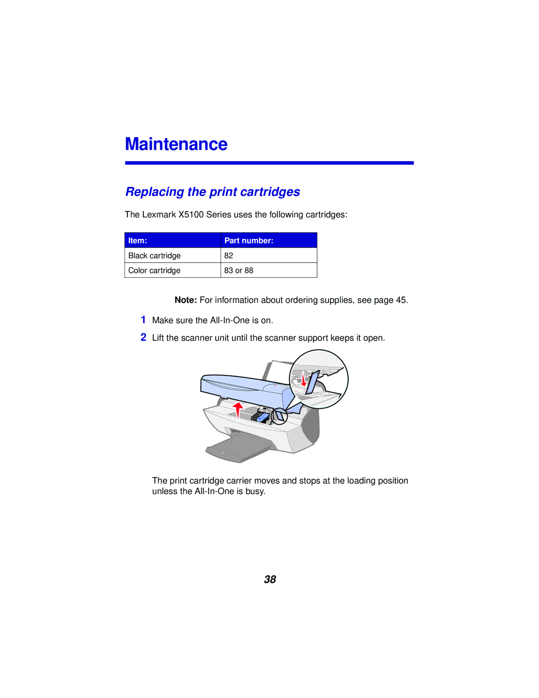 Lexmark x5100 manual Maintenance, Replacing the print cartridges 