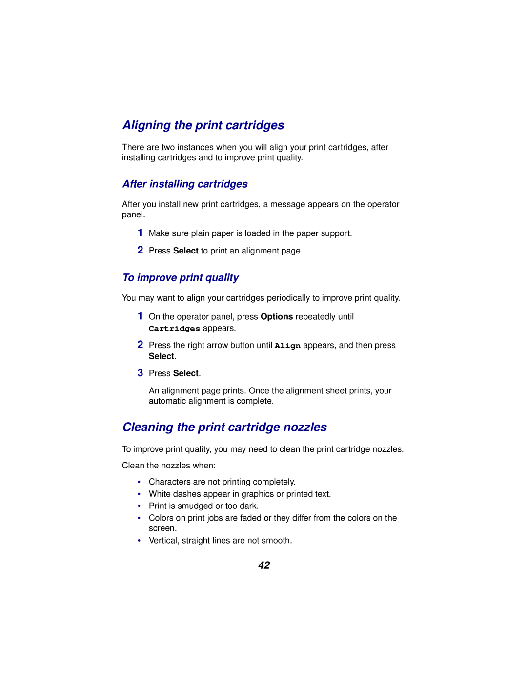 Lexmark x5100 manual Aligning the print cartridges, Cleaning the print cartridge nozzles, After installing cartridges 