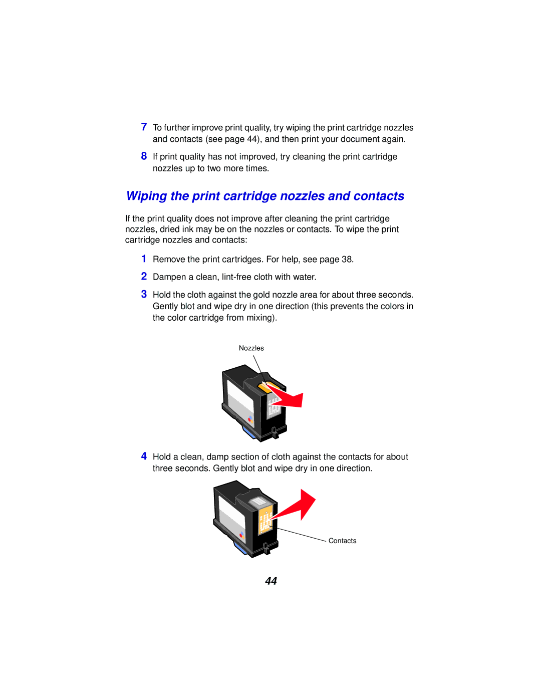 Lexmark x5100 manual Wiping the print cartridge nozzles and contacts 