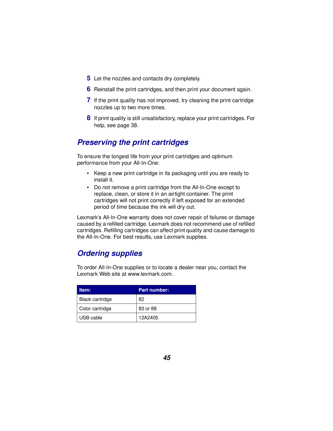 Lexmark x5100 manual Preserving the print cartridges, Ordering supplies 