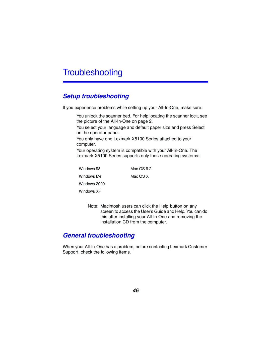 Lexmark x5100 manual Setup troubleshooting, General troubleshooting 