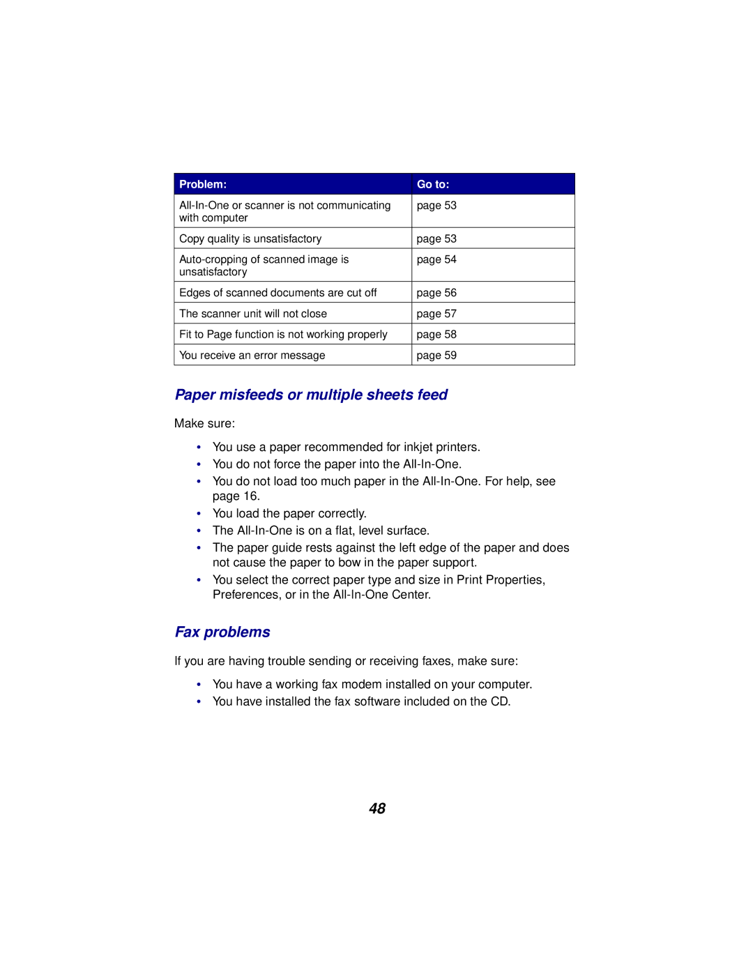 Lexmark x5100 manual Paper misfeeds or multiple sheets feed, Fax problems 