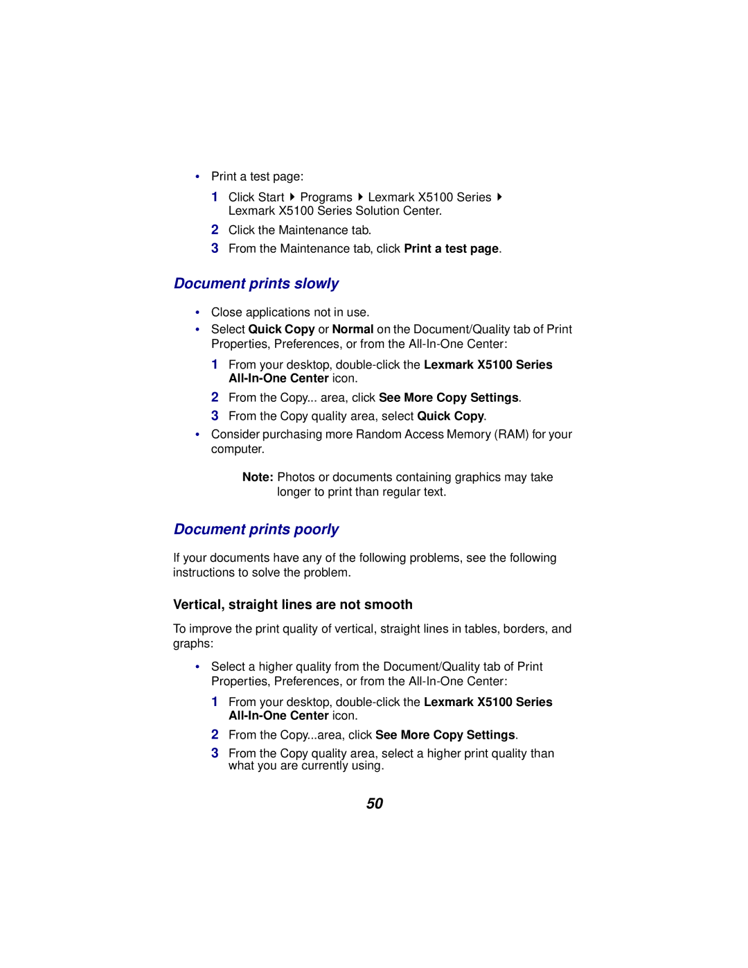 Lexmark x5100 manual Document prints slowly, Document prints poorly, Vertical, straight lines are not smooth 