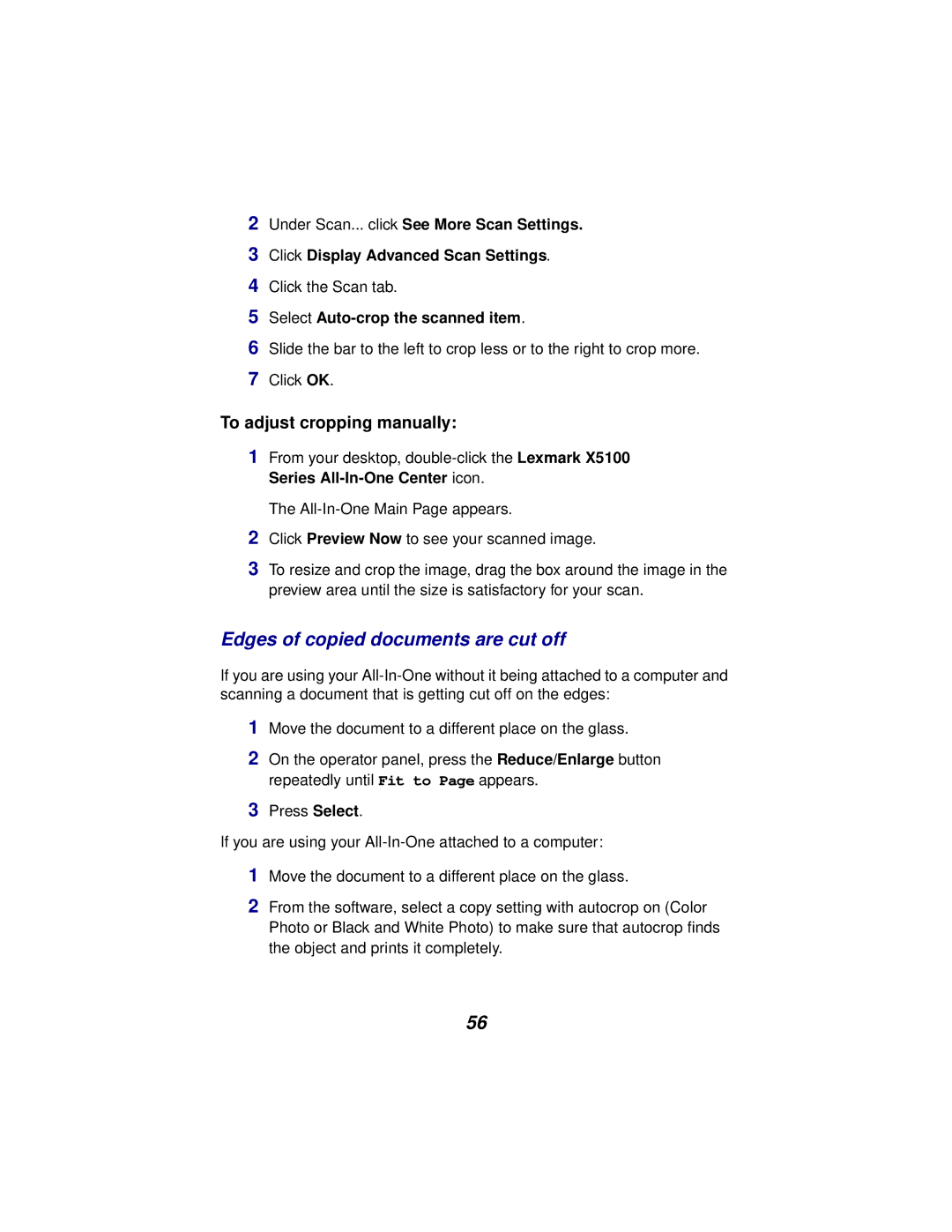 Lexmark x5100 Edges of copied documents are cut off, To adjust cropping manually 