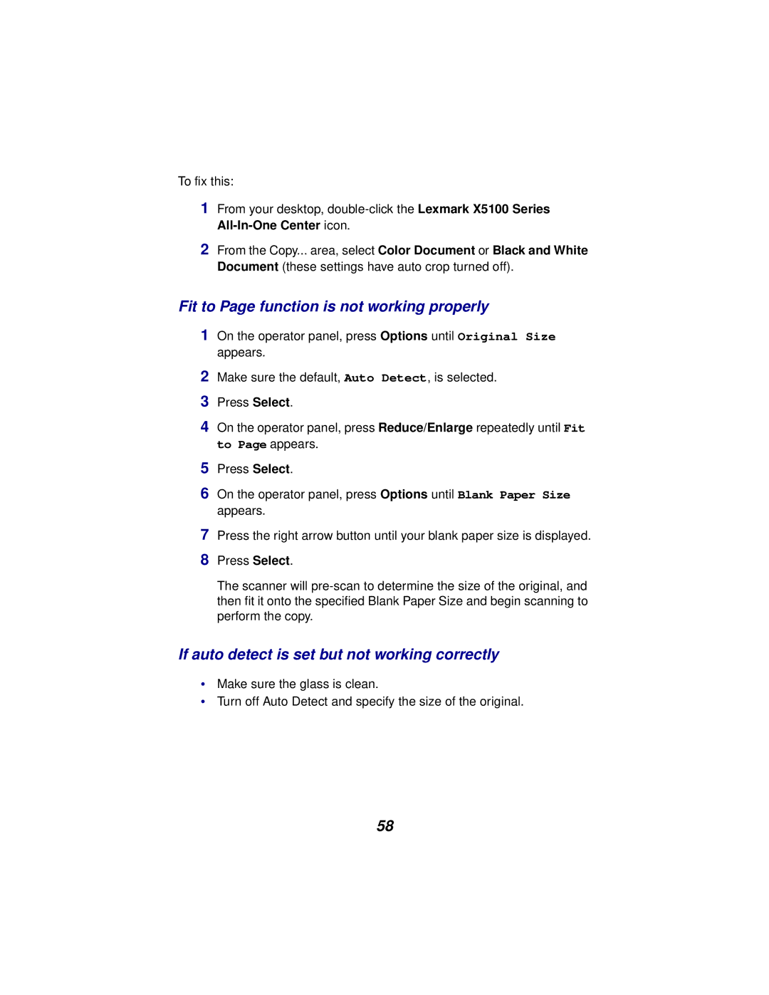 Lexmark x5100 manual Fit to Page function is not working properly, If auto detect is set but not working correctly 