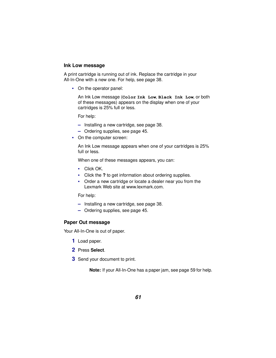 Lexmark x5100 manual Ink Low message, Paper Out message 