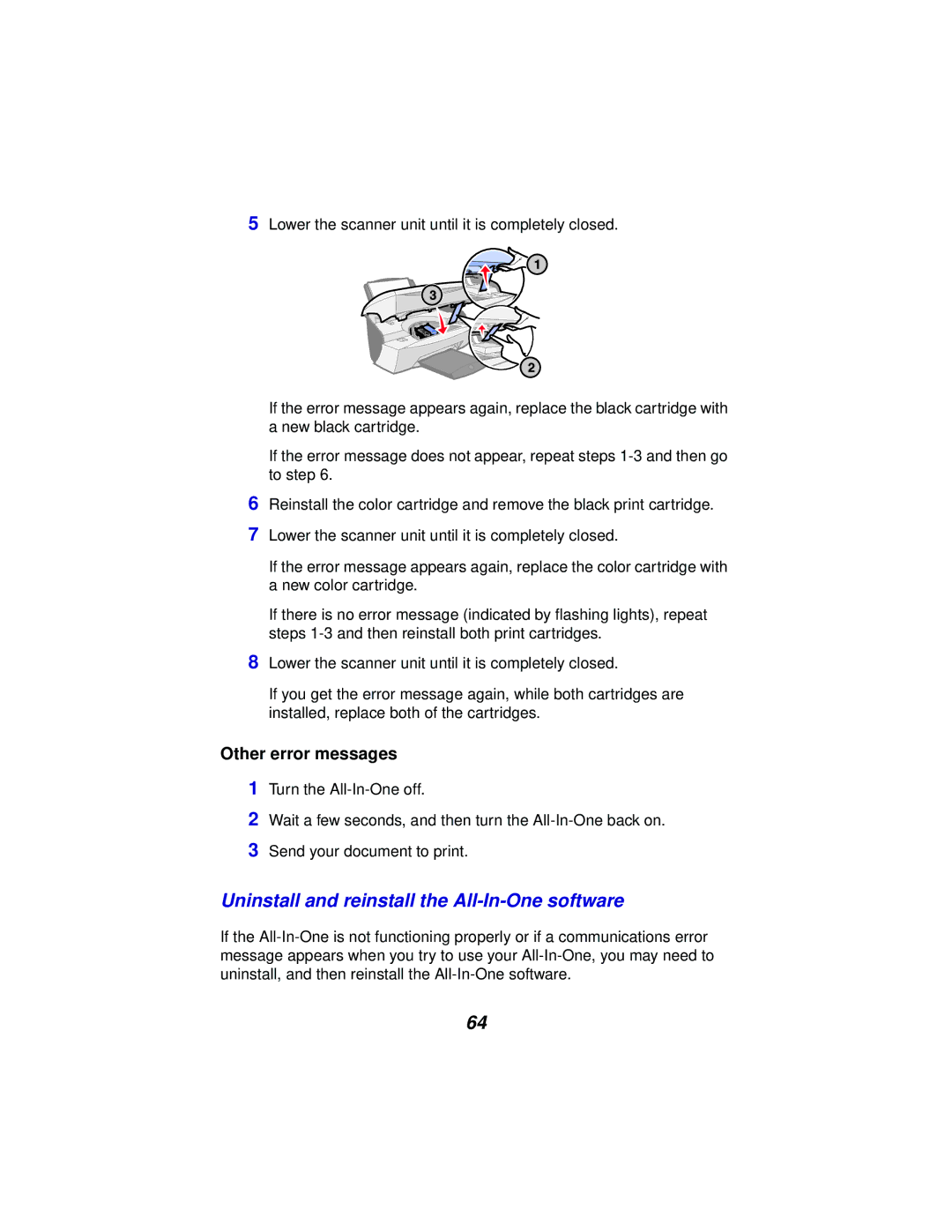 Lexmark x5100 manual Uninstall and reinstall the All-In-One software, Other error messages 