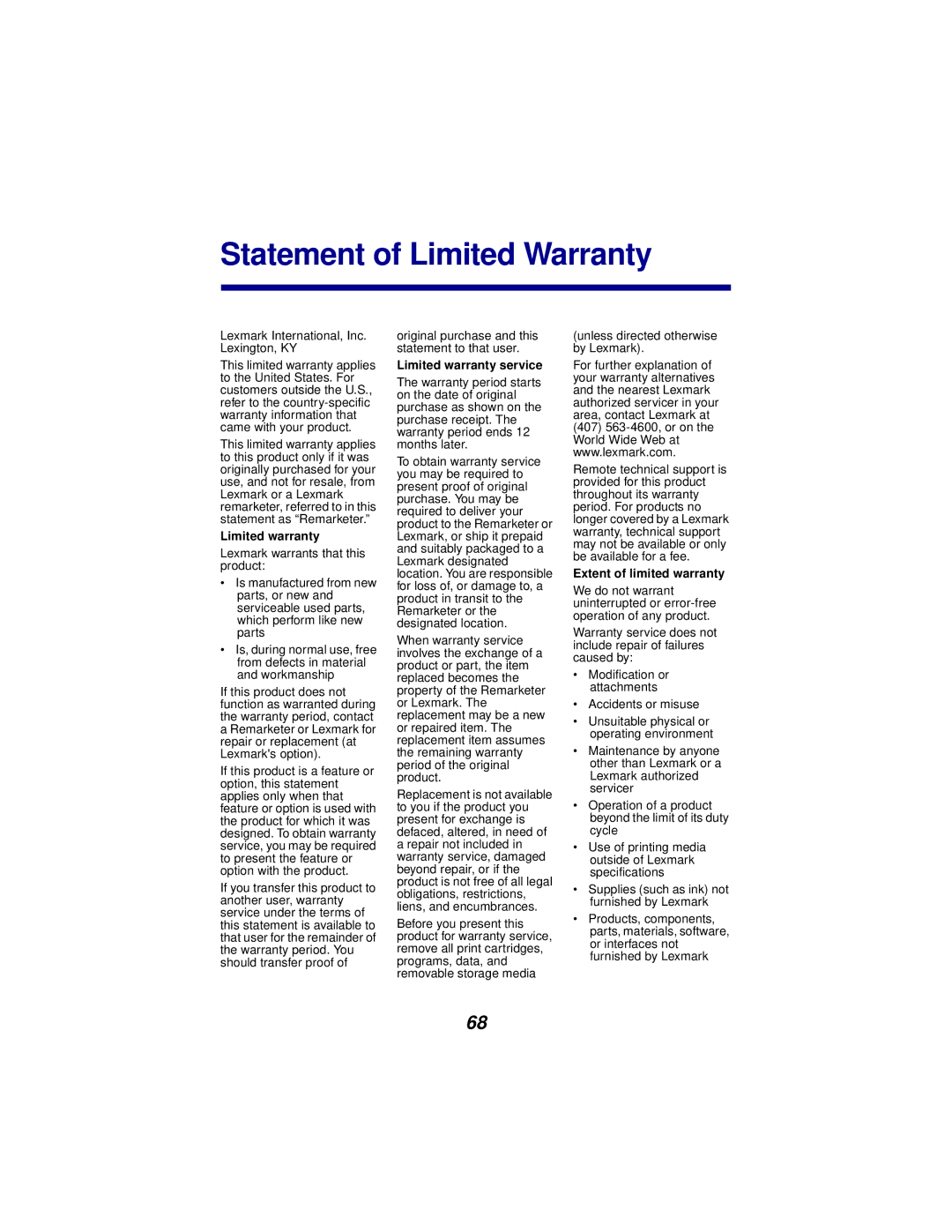 Lexmark x5100 manual Statement of Limited Warranty 