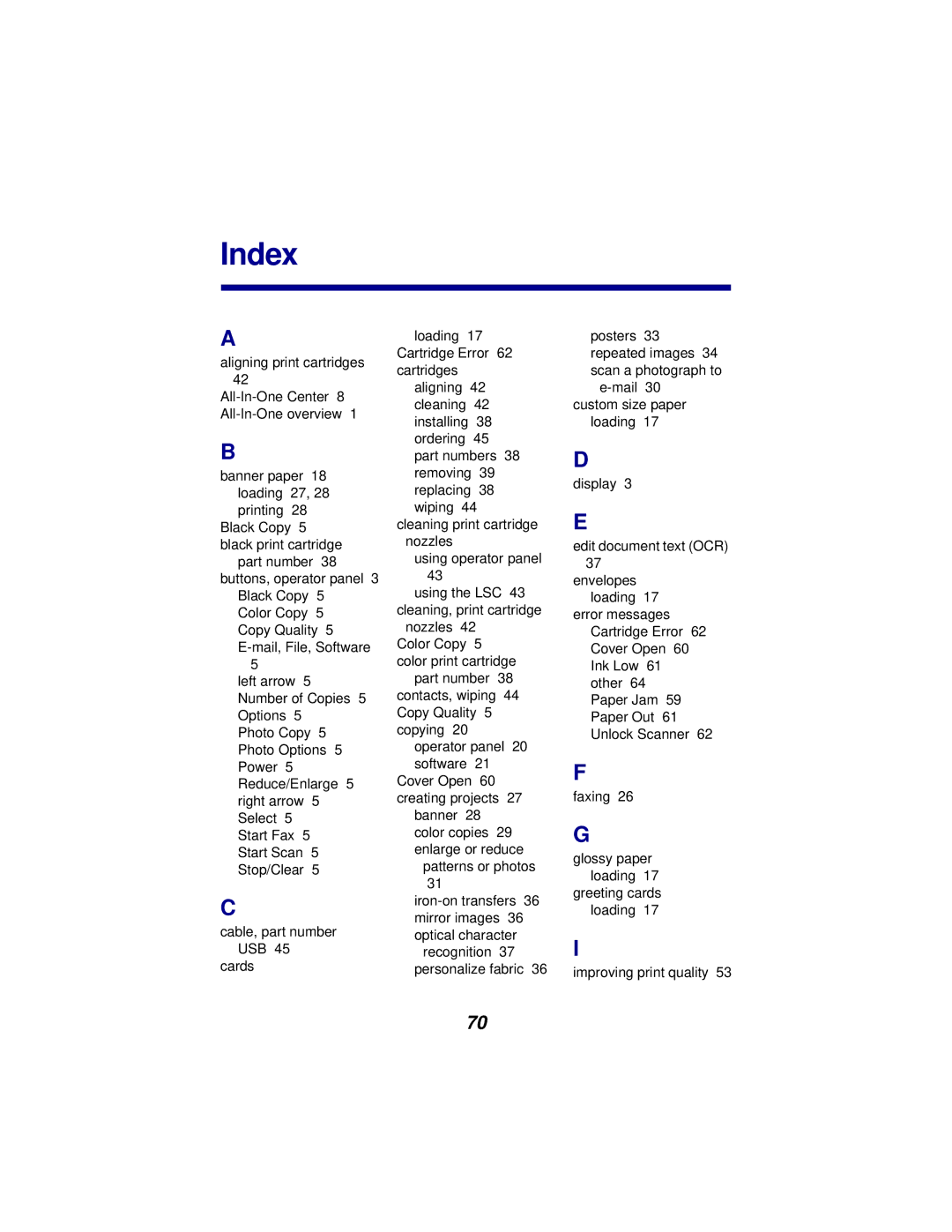 Lexmark x5100 manual Index 