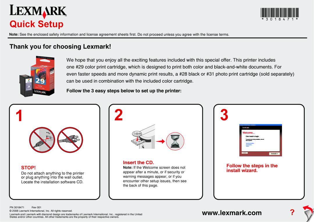 Lexmark X5400 Series manual 3018471, Quick Setup, Thank you for choosing Lexmark, Stop, Insert the CD 