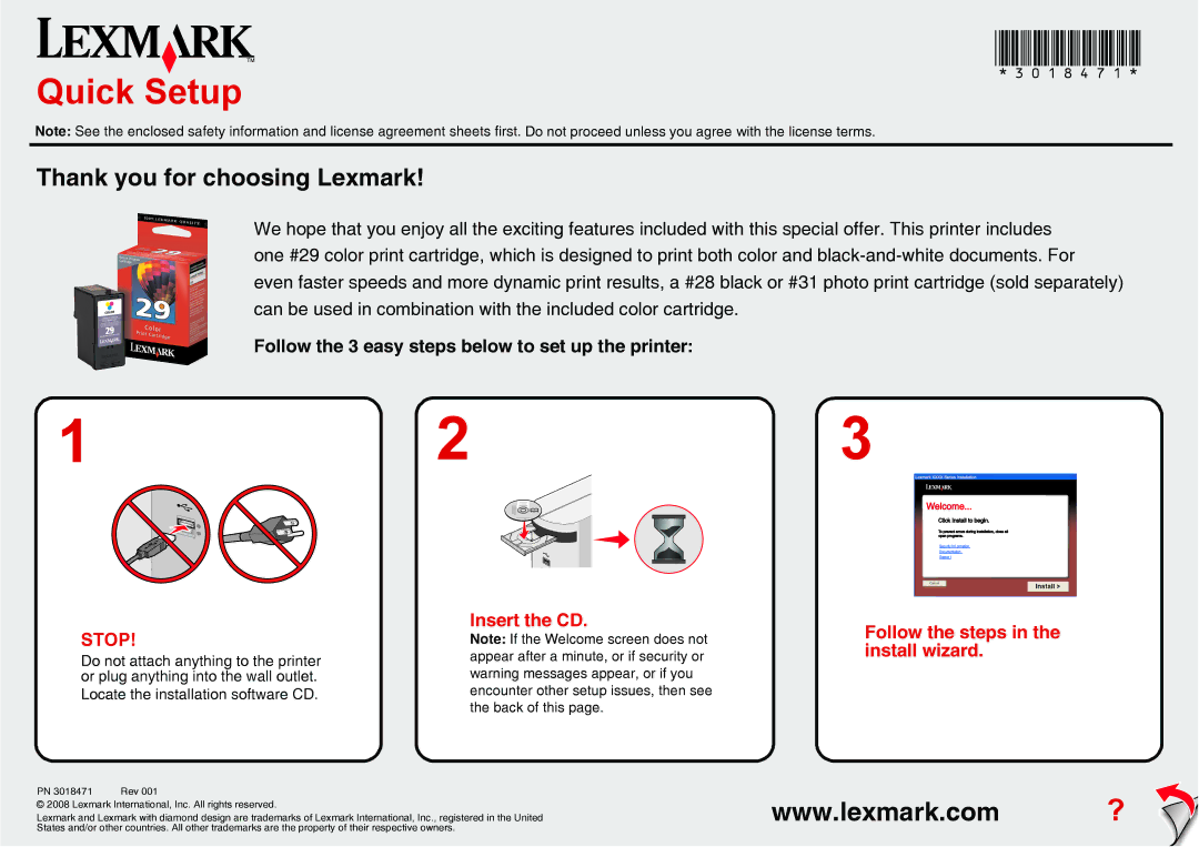 Lexmark X5400 Series manual 123, 3018471, Quick Setup, Thank you for choosing Lexmark, Stop 