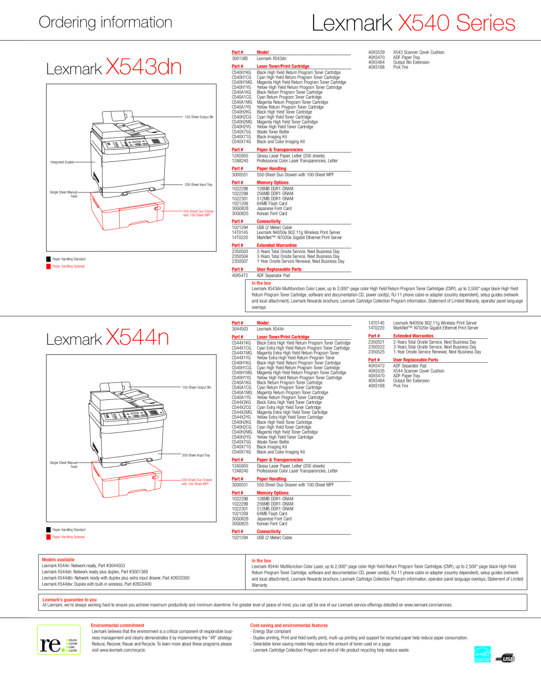 Lexmark manual Ordering information, Lexmark X543dn, Lexmark X544n, Lexmark X540 Series, In the box, Models available 