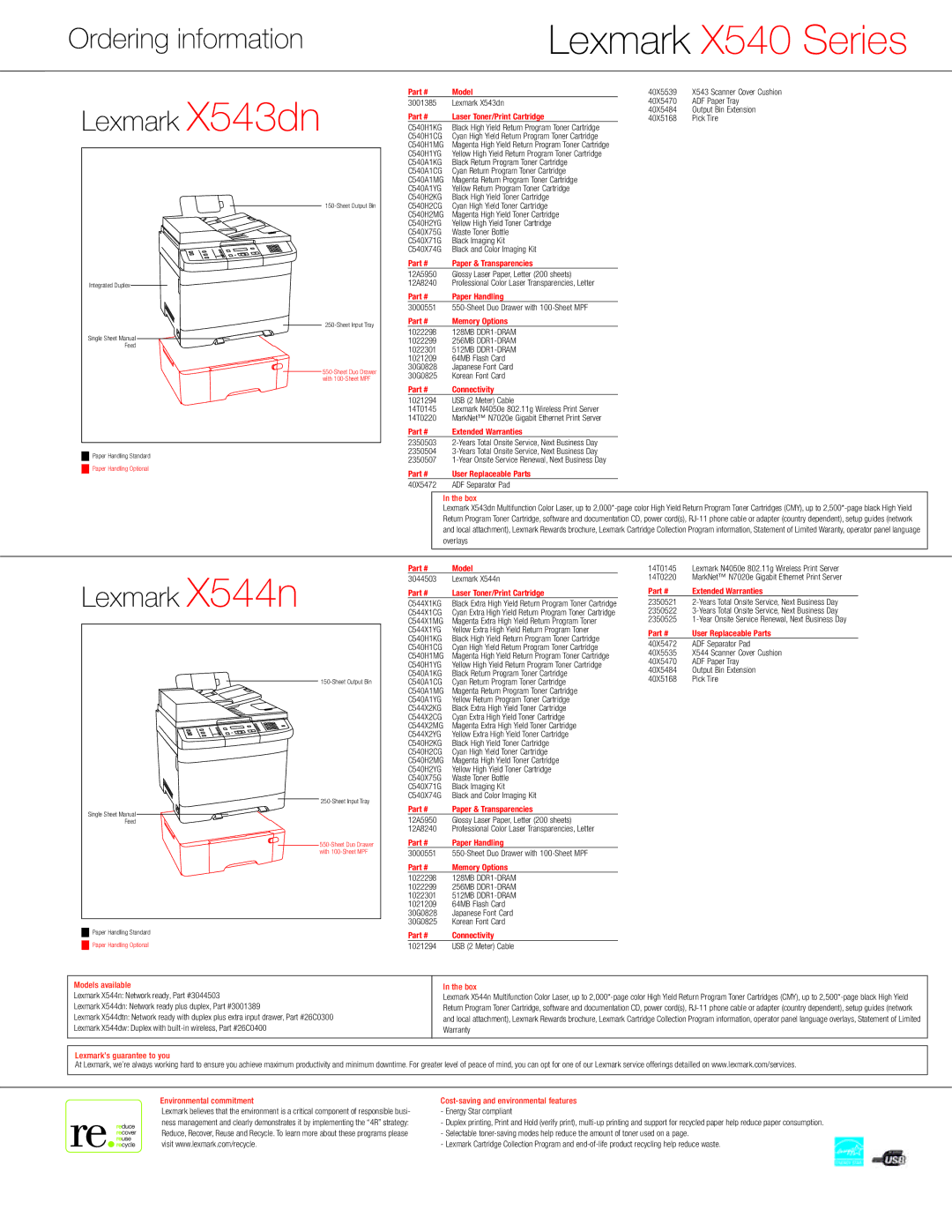 Lexmark X540 Series, X544 models manual Ordering information, Lexmark X543dn, Lexmark X544n, Box, Models available 