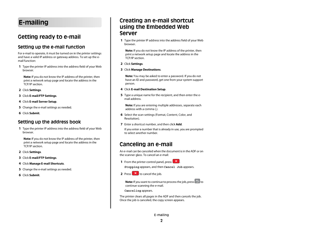 Lexmark X543, X544w, X544t manual Mailing, Getting ready to e-mail, Creating an e-mail shortcut using the Embedded Web Server 