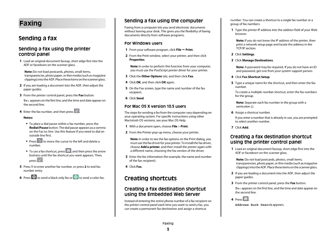 Lexmark X544t, X544w, X543 manual Faxing, Creating shortcuts, Sending a fax using the printer control panel 