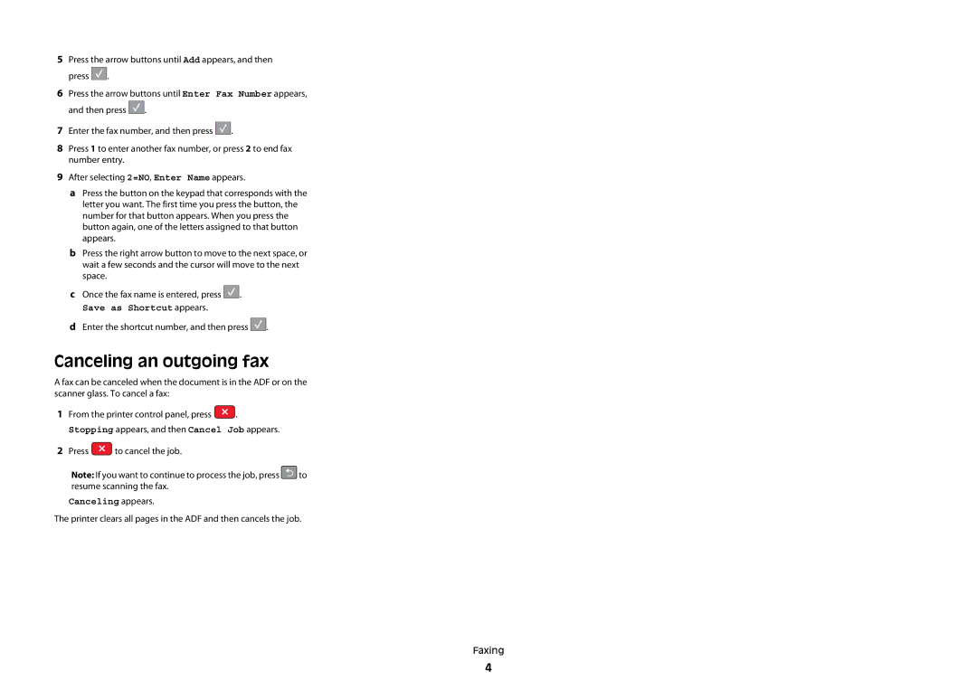 Lexmark X544w, X543, X544t manual Canceling an outgoing fax, Save as Shortcut appears 