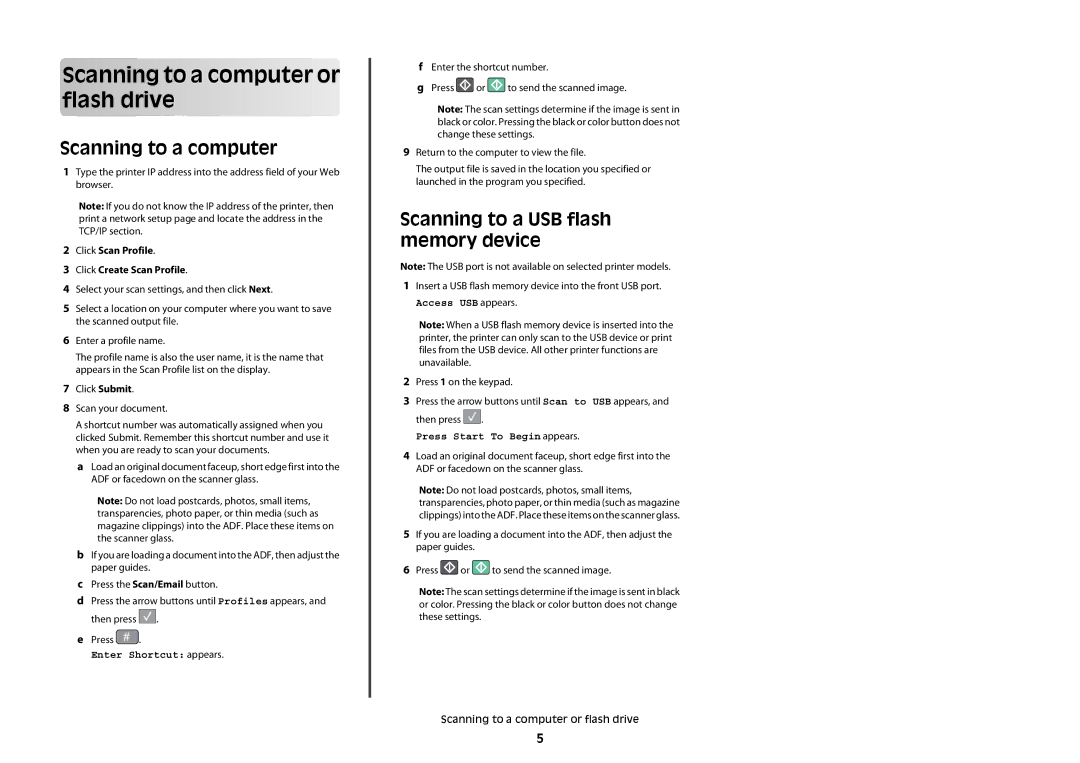 Lexmark X544w, X543, X544t manual Scanning to a computer or flash drive, Scanning to a USB flash memory device 