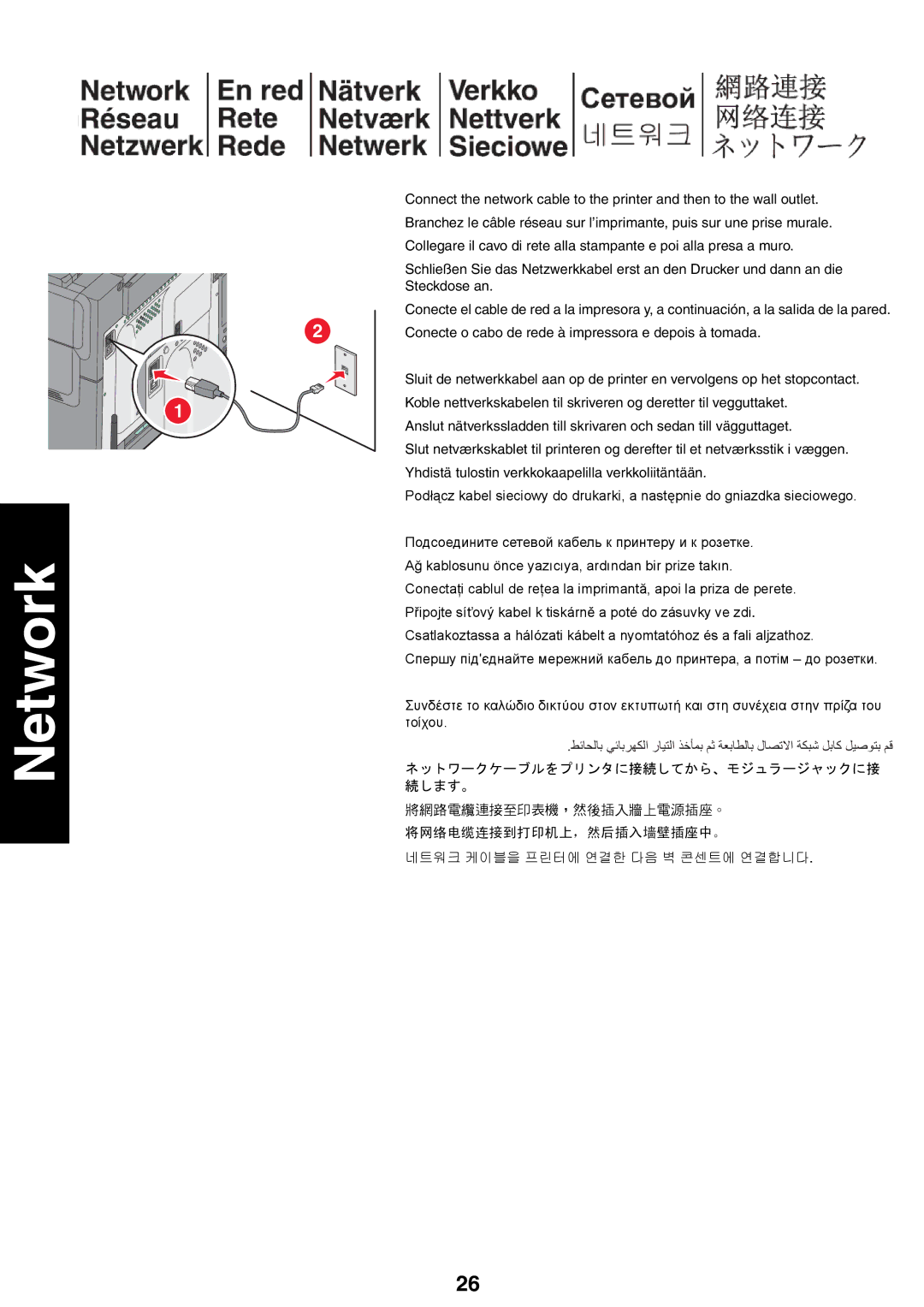 Lexmark X54x setup guide Network, 将网络电缆连接到打印机上，然后插入墙壁插座中。 