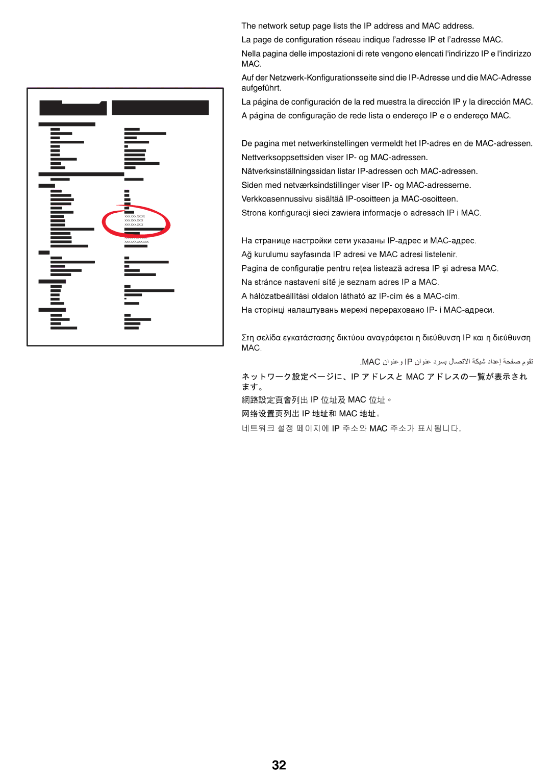 Lexmark X54x setup guide 网络设置页列出 Ip 地址和 Mac 地址。 