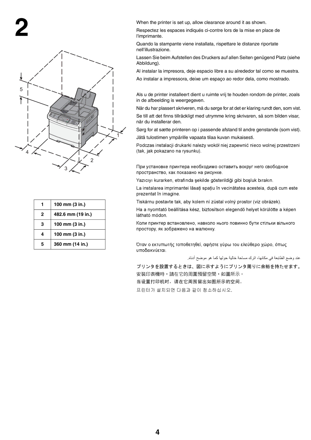 Lexmark X54x setup guide 360 mm 14, 当设置打印机时，请在它周围留出如图所示的空间。 