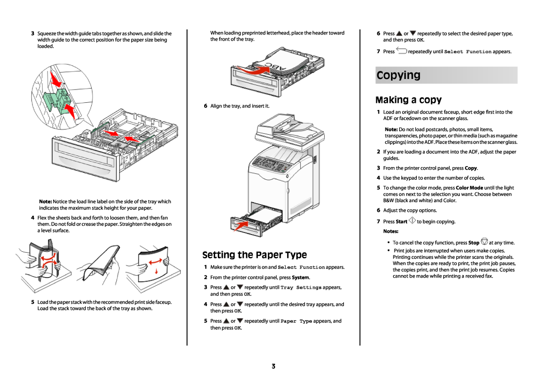 Lexmark x560 dimensions Copying, Setting the Paper Type, Making a copy 