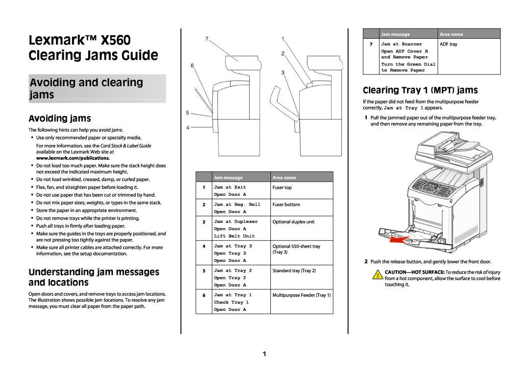 Lexmark x560 manual Avoiding jams, Understanding jam messages and locations, Clearing Tray 1 MPT jams 