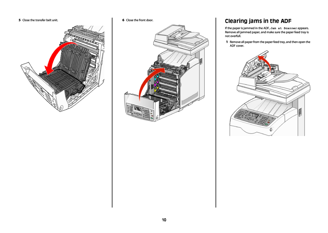 Lexmark x560 manual Clearing jams in the ADF, 5Close the transfer belt unit, 6Close the front door 