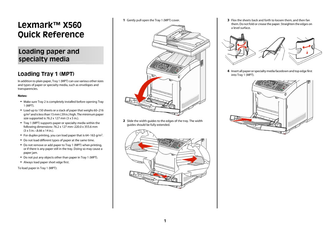 Lexmark x560 dimensions Loading paper and specialty media, Loading Tray 1 MPT 